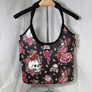 Ed Hardy Skull Rose Tattoo Print Hobo Shoulder Bag Y2K